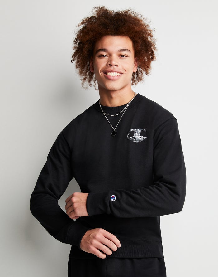 Champion Sweatshirt Heren - Zwart - Powerblend Fleece Crew Chasing Waves ( 587931-RLV )